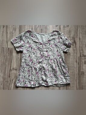 Linen Floral V-Neck Peplum Top — Pink Floral